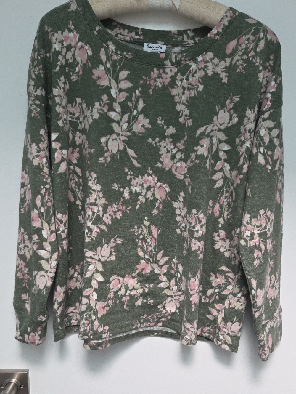 Splendid Olive Green Floral Crewneck with Pink Blooms